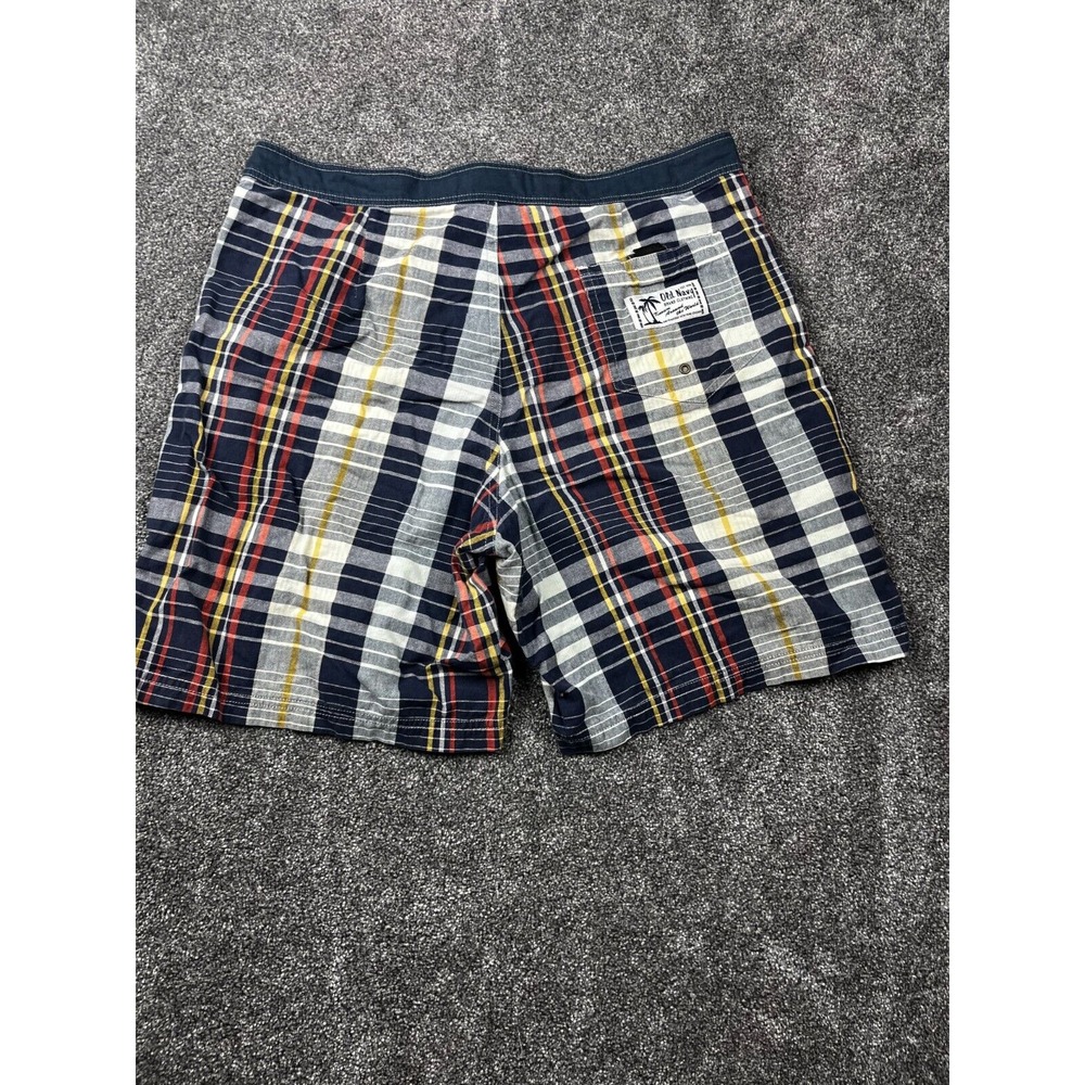 Old Navy Short Mens Medium Plaid Flat Front Bermuda Relaxed Fit Drawstring Blue‎